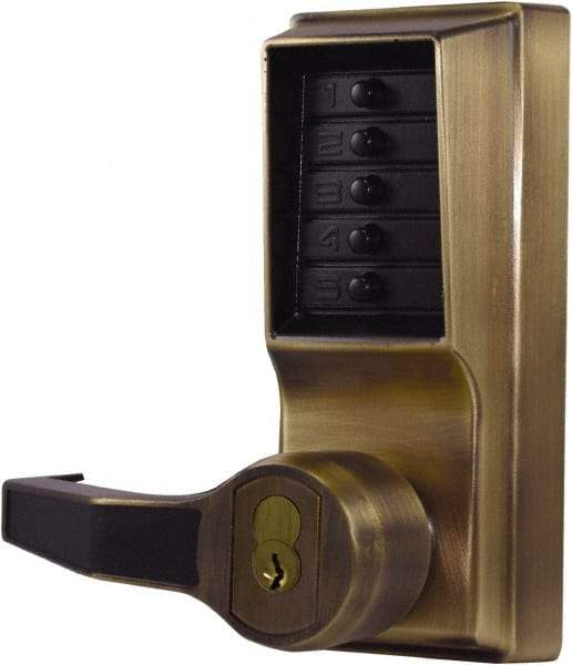 Kaba Access - Pushbutton Lock with Interchangeable Core Lever Lockset for 1-3/8 to 2-1/4" Thick Doors - 2-3/4" Back Set, 6 or 7 Pin Length Best & Compatible (Core Not Included) Cylinder, Antique Brass Finish - USA Tool & Supply