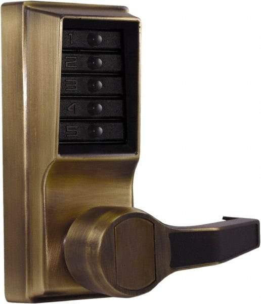 Kaba Access - Pushbutton Lock Lever Lockset for 1-3/8 to 2-1/4" Thick Doors - 2-3/4" Back Set, Nonkey Override Cylinder, Antique Brass Finish - USA Tool & Supply