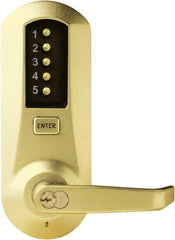 Kaba Access - Pushbutton Lock with Interchangeable Core Lever Lockset for 1-3/8 to 2-1/4" Thick Doors - 2-3/4" Back Set, 6 or 7 Pin Length Best & Compatible (Core Not Included) Cylinder, Satin Brass Finish - USA Tool & Supply