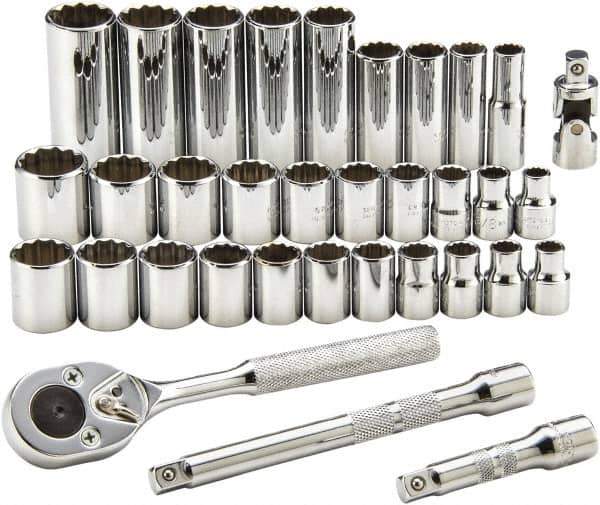 Proto - 34 Piece 3/8" Drive Standard Deep Socket Set - 12 Points, 7/8 to 7/8", 8 to 19mm, Inch/Metric Measurement Standard - USA Tool & Supply