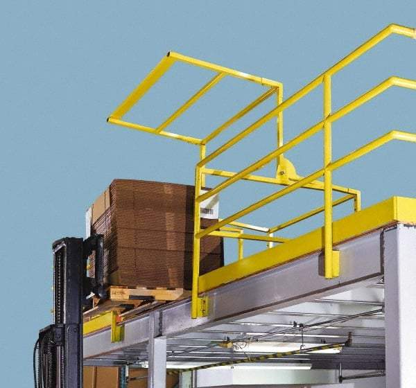 FabEnCo - Powder Coated Carbon Steel Rail Safety Gate - Fits 113W x 42H" Clear Opening, 1-1/2" Wide x 80" Door Height, 244 Lb, Yellow - USA Tool & Supply