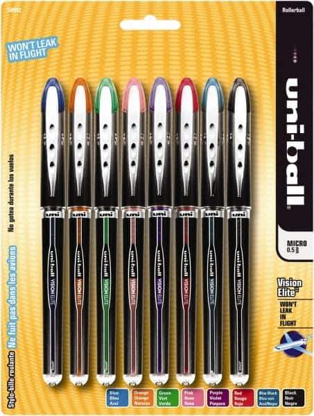 Uni-Ball - Roller Ball 0.8mm Stick Pen - Black, Blue, Black, Blue, Green, Orange, Pink, Purple & Red - USA Tool & Supply