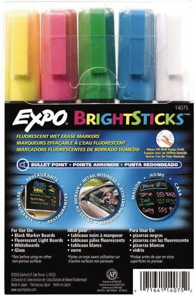 Expo - Blue, Green Pink, Yellow & White Bullet Point Wet Erase Markers - For Use with Black Marker Boards, Fluorescent Light Boards, Glass Boards & White Boards - USA Tool & Supply