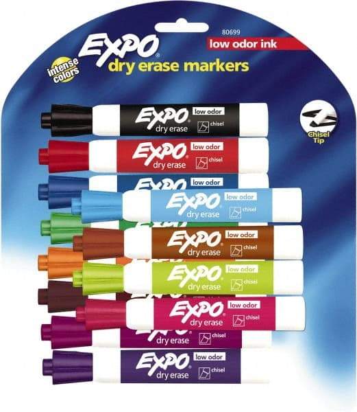 Expo - Aqua, Black, Blue, Brown, Green, Lime, Orange, Pink, Plum, Pumpkin, Purple & Red Low Odor Chisel Tip 12 Pack Dry Erase Markers - For Use with Dry Erase Marker Boards - USA Tool & Supply