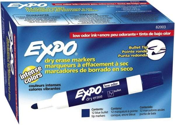 Expo - Blue Low Odor Bullet Tip 12 Pack Dry Erase Markers - For Use with Dry Erase Marker Boards - USA Tool & Supply