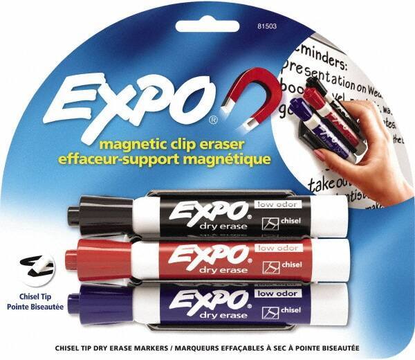 Expo - Chisel Tip 3 Pack with Dry Eraser - Includes Black, Red & Purple & Eraser, For Use with Dry Erase Marker Boards - USA Tool & Supply