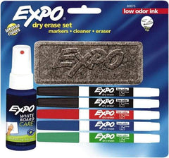 Expo - Red, Blue, Green & 2 Black Low Odor Fine Tip 5 Pack Dry Erase Markers - Includes 3 oz Cleaning Fluid & Eraser, For Use with Dry Erase Marker Boards - USA Tool & Supply