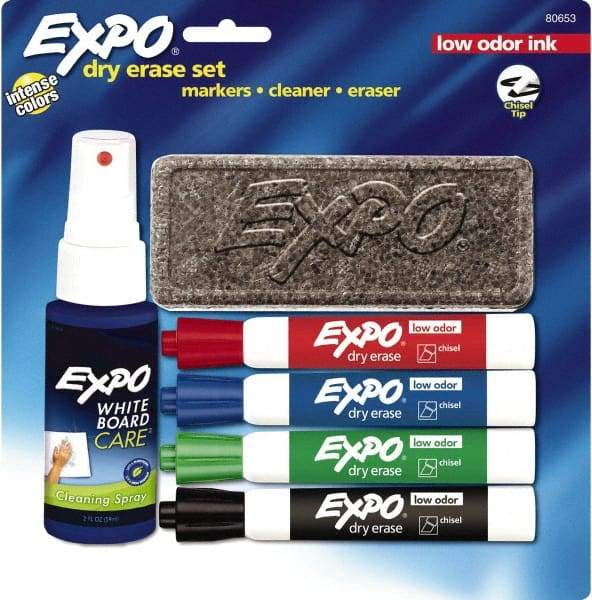 Expo - Red, Blue, Green & Black Low Odor 4 Pack Chisel Tip Dry Erase Markers - Includes Eraser & 3 oz Cleaning Fluid, For Use with Dry Erase Marker Boards - USA Tool & Supply