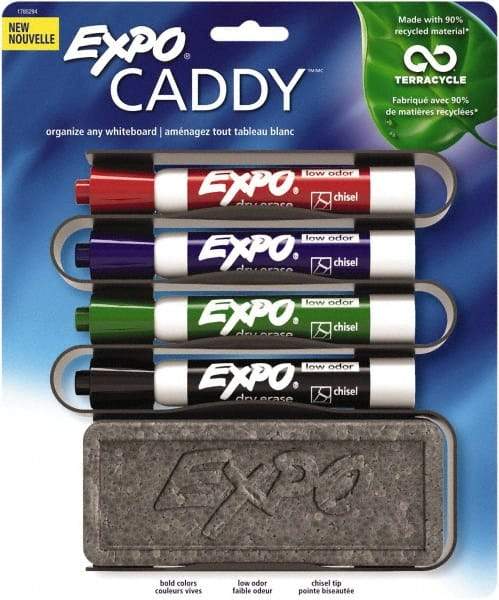 Expo - Red, Black, Blue & Green Low Odor Chisel Tip Markers 4 Pack Dry Erase Markers - Includes Eraser & Caddy Organizer, For Use with Dry Erase Marker Boards - USA Tool & Supply