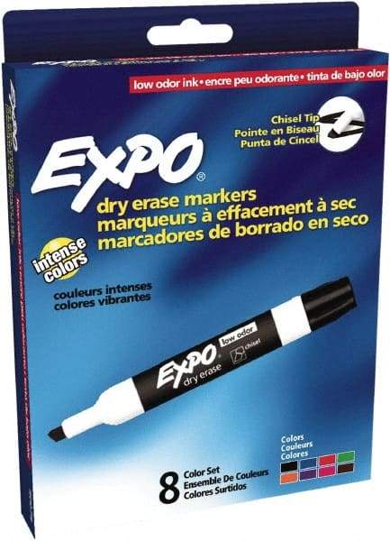 Expo - Black, Blue, Brown, Green, Orange, Pink, Purple & Red Low Odor Chisel Tip 8 Pack Dry Erase Markers - For Use with Dry Erase Marker Boards - USA Tool & Supply