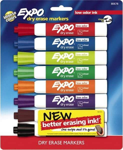 Expo - Black, Blue, Brown, Green, Orange, Pink, Purple & Red Low Odor Chisel Tip 8 Pack Dry Erase Markers - For Use with Dry Erase Marker Boards - USA Tool & Supply