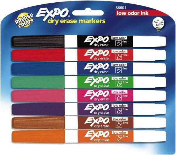 Expo - Black, Blue, Brown, Green, Orange, Pink, Purple & Red Low Odor Fine Tip 8 Pack Dry Erase Markers - For Use with Dry Erase Marker Boards - USA Tool & Supply