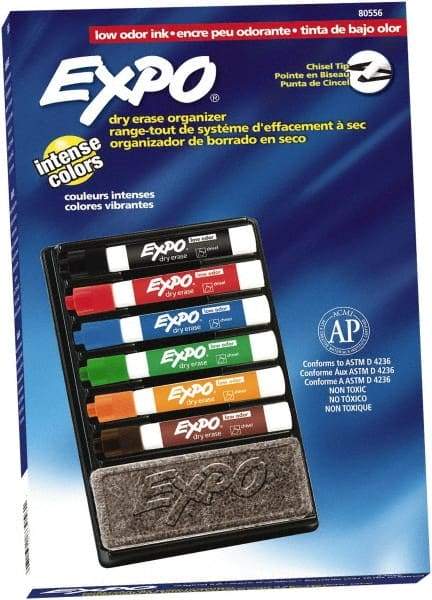 Expo - Black, Blue, Brown, Green, Orange, & Red Low Odor Chisel Tip Markers 6 Pack Dry Erase Markers - Includes Eraser & Organizer, For Use with Dry Erase Marker Boards - USA Tool & Supply