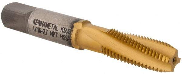 Kennametal - 1/16-27 NPT, 15° Helix, 4 Flutes, 2-1/2 - 3-1/2 Chamfer, TiN Finish, High Speed Steel, Spiral Flute Pipe Tap - Right Hand Flute, 0.69" Thread Length, 0.3120" Projection, Series T854 - USA Tool & Supply