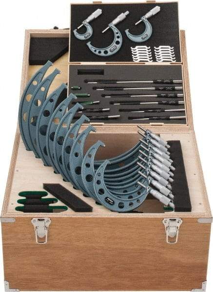 Mitutoyo - 0 to 12" Range, 23 Piece Mechanical Outside Micrometer Set - 0.0001" Graduation, 0.00010, 0.00015, 0.00020, 0.00025" Accuracy, Ratchet-Friction Thimble, Carbide Face - USA Tool & Supply