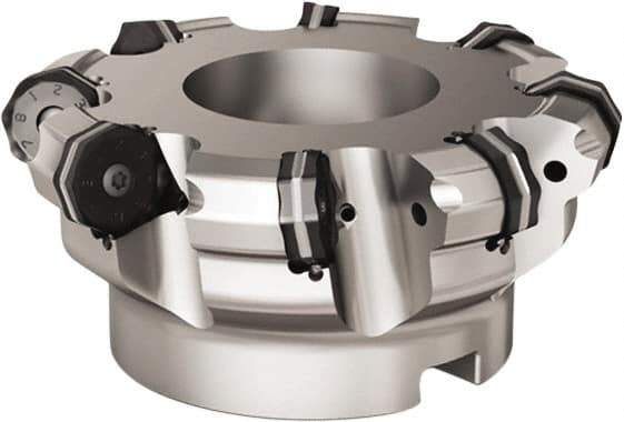 Seco - 8 Inserts, 5.311" Cutter Diam, 0.0787" Max Depth of Cut, Indexable High-Feed Face Mill - 1.5748" Arbor Hole Diam, 0.6457" Keyway Width, 2.4803" High, R220.21 Toolholder, ON.. 09.. Inserts - USA Tool & Supply