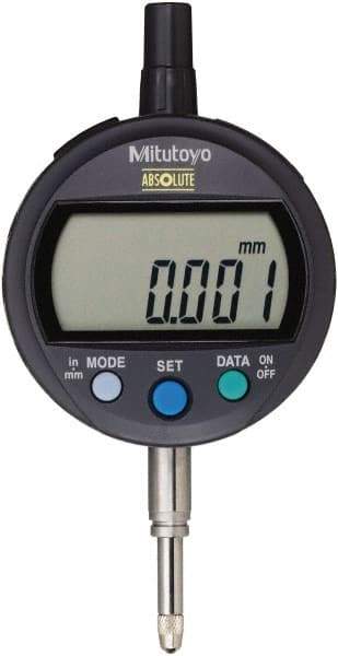 Mitutoyo - 0 to 12.7mm Range, 0.001mm Graduation, Electronic Drop Indicator - Flat Back, Accurate to 0.003mm, Metric System, LCD Display - USA Tool & Supply