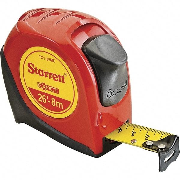 Starrett - 26' x 1" Yellow Blade Tape Measure - 1/16" & 1mm Graduation, S9 Graduation Style, Red Case - USA Tool & Supply