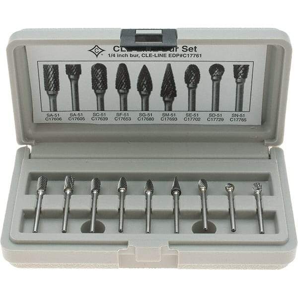 Cle-Line - 9 Piece, 1/8" Shank Burr Set - Solid Carbide, Multiple Head Shapes - USA Tool & Supply