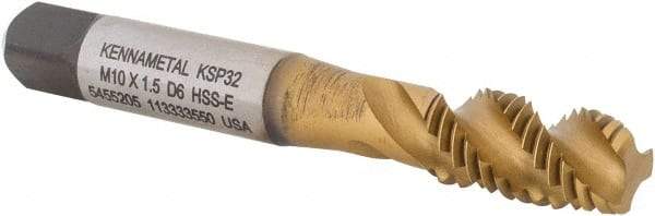 Kennametal - M10x1.50 3 Flute 6H Modified Bottoming Spiral Flute Tap - Vanadium High Speed Steel, TiCN/TiN Finish, 2-15/16" OAL, Right Hand Flute, Right Hand Thread, D6, Series GOtap\xAE - USA Tool & Supply