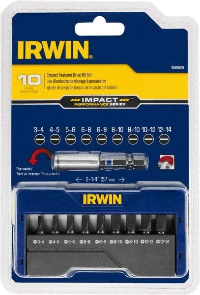 Irwin - 10 Piece, Screwdriver Insert Bit Set - 3 to 14 Slotted & Magnetic Bit Holder with C-Ring - USA Tool & Supply