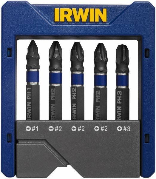 Irwin - 5 Piece, Phillips Handle, Power Bit Set - No. 1 to No. 3 Phillips - USA Tool & Supply