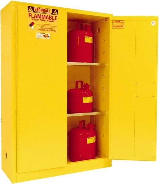 Securall Cabinets - 2 Door, 2 Shelf, Yellow Steel Standard Safety Cabinet for Flammable and Combustible Liquids - 65" High x 43" Wide x 18" Deep, Manual Closing Door, 3 Point Key Lock, 45 Gal Capacity - USA Tool & Supply