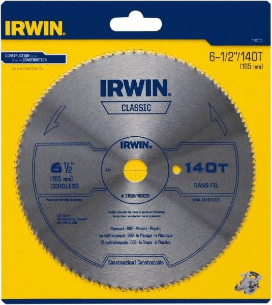 Irwin - 6-1/2" Diam, 5/8" Arbor Hole Diam, 140 Tooth Wet & Dry Cut Saw Blade - High Carbon Steel, Smooth Action, Standard Round Arbor - USA Tool & Supply