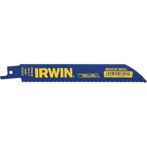 Irwin Blades - 6" Long, Bi-Metal Reciprocating Saw Blade - Straight Profile, 18 TPI, Toothed Edge, Tang Shank - USA Tool & Supply