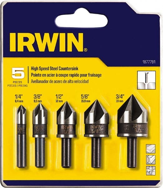 Irwin - 5 Piece, 1/4 to 3/4" Head Diam, 82° Included Angle, Single End Countersink Set - USA Tool & Supply