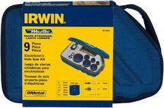 Irwin Blades - 9 Piece, 7/8" to 2-1/2" Saw Diam, Electrician's Hole Saw Kit - Bi-Metal, Toothed Edge, Pilot Drill Model No. 373000, Includes 6 Hole Saws - USA Tool & Supply