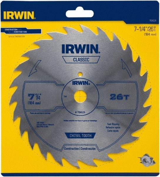 Irwin Blades - 7-1/4" Diam, 5/8" Arbor Hole Diam, 26 Tooth Wet & Dry Cut Saw Blade - High Carbon Steel, Smooth Action, Diamond Arbor - USA Tool & Supply