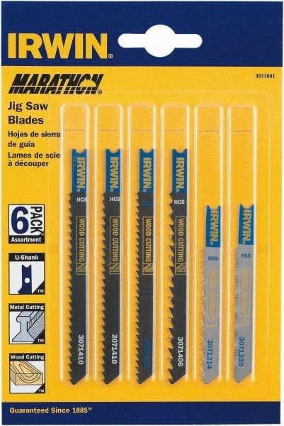 Irwin Blades - 6 Piece, 3-1/4" to 4" Long, 6 to 20 Teeth per Inch, Bi-Metal and Carbon Jig Saw Blade Set - Toothed Edge, U-Shank - USA Tool & Supply