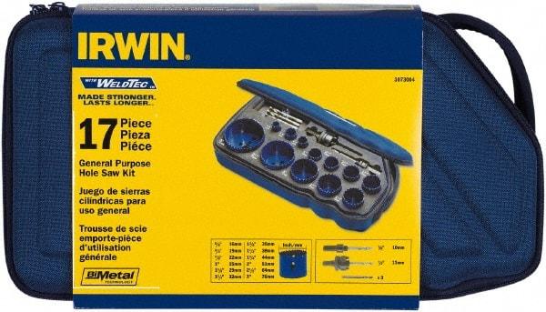 Irwin - 17 Piece, 5/8" to 3" Saw Diam, General Purpose Hole Saw Kit - Bi-Metal, Toothed Edge, Pilot Drill Model No. 373000, Includes 12 Hole Saws - USA Tool & Supply