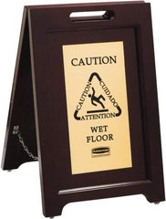 Rubbermaid - Attention/, Caution/, Cuidado/, Wet Floor, 15-1/8" Wide x 22" High, Wood Floor Sign - English/French/Spanish, A-Frame, Black on Gold, For Accident Prevention - USA Tool & Supply