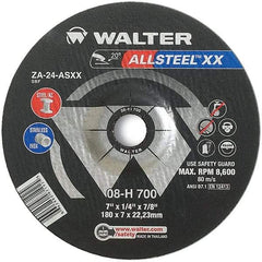 WALTER Surface Technologies - 24 Grit, 7" Wheel Diam, 1/4" Wheel Thickness, 7/8" Arbor Hole, Type 27 Depressed Center Wheel - Aluminum Oxide, Resinoid Bond, 8,600 Max RPM - USA Tool & Supply