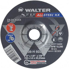 WALTER Surface Technologies - 24 Grit, 6" Wheel Diam, 1/8" Wheel Thickness, 7/8" Arbor Hole, Type 27 Depressed Center Wheel - Aluminum Oxide, Resinoid Bond, 10,200 Max RPM - USA Tool & Supply