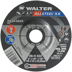 WALTER Surface Technologies - 24 Grit, 5" Wheel Diam, 1/8" Wheel Thickness, 7/8" Arbor Hole, Type 27 Depressed Center Wheel - Aluminum Oxide, Resinoid Bond, 12,200 Max RPM - USA Tool & Supply