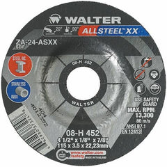 WALTER Surface Technologies - 24 Grit, 4-1/2" Wheel Diam, 1/8" Wheel Thickness, 7/8" Arbor Hole, Type 27 Depressed Center Wheel - Aluminum Oxide, Resinoid Bond, 13,300 Max RPM - USA Tool & Supply