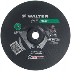 WALTER Surface Technologies - 24 Grit, 9" Wheel Diam, 1/4" Wheel Thickness, 7/8" Arbor Hole, Type 27 Depressed Center Wheel - Aluminum Oxide, Resinoid Bond, 6,600 Max RPM - USA Tool & Supply