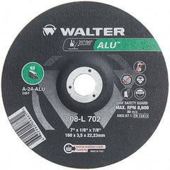 WALTER Surface Technologies - 24 Grit, 7" Wheel Diam, 1/8" Wheel Thickness, 7/8" Arbor Hole, Type 27 Depressed Center Wheel - Aluminum Oxide, Resinoid Bond, 8,600 Max RPM - USA Tool & Supply