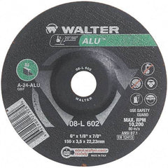 WALTER Surface Technologies - 24 Grit, 6" Wheel Diam, 1/8" Wheel Thickness, 7/8" Arbor Hole, Type 27 Depressed Center Wheel - Aluminum Oxide, Resinoid Bond, 10,200 Max RPM - USA Tool & Supply