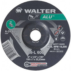 WALTER Surface Technologies - 24 Grit, 6" Wheel Diam, 1/4" Wheel Thickness, 7/8" Arbor Hole, Type 27 Depressed Center Wheel - Aluminum Oxide, Resinoid Bond, 10,200 Max RPM - USA Tool & Supply