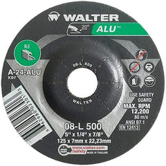 WALTER Surface Technologies - 24 Grit, 5" Wheel Diam, 1/4" Wheel Thickness, 7/8" Arbor Hole, Type 27 Depressed Center Wheel - Aluminum Oxide, Resinoid Bond, 12,200 Max RPM - USA Tool & Supply