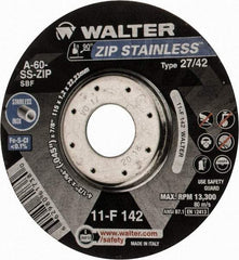 WALTER Surface Technologies - 60 Grit, 4-1/2" Wheel Diam, 3/64" Wheel Thickness, 7/8" Arbor Hole, Type 27 Depressed Center Wheel - Aluminum Oxide, Resinoid Bond, 13,300 Max RPM - USA Tool & Supply