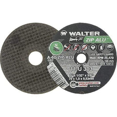 WALTER Surface Technologies - 3" 60 Grit Aluminum Oxide Cutoff Wheel - 1/32" Thick, 3/8" Arbor, 25,470 Max RPM, Use with Die Grinders - USA Tool & Supply
