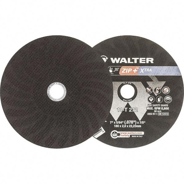 WALTER Surface Technologies - 7" 46 Grit Aluminum Oxide Cutoff Wheel - 5/64" Thick, 7/8" Arbor, 8,600 Max RPM, Use with Angle Grinders - USA Tool & Supply