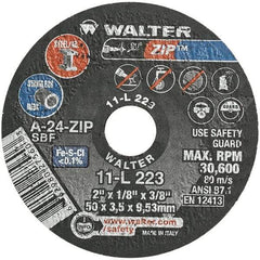 WALTER Surface Technologies - 2" 24 Grit Aluminum Oxide Cutoff Wheel - 1/8" Thick, 3/8" Arbor, 31,000 Max RPM, Use with Die Grinders - USA Tool & Supply