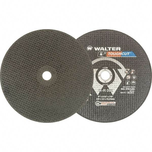 WALTER Surface Technologies - 9" 30 Grit Aluminum Oxide Cutoff Wheel - 3/32" Thick, 7/8" Arbor, 6,600 Max RPM, Use with Angle Grinders - USA Tool & Supply