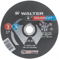 WALTER Surface Technologies - 7" 30 Grit Aluminum Oxide Cutoff Wheel - 3/32" Thick, 7/8" Arbor, 8,600 Max RPM, Use with Angle Grinders - USA Tool & Supply